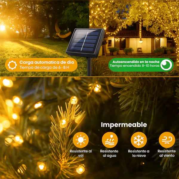 NAVILED® COMPRA 1 LLEVA 2 LUCES NAVIDEÑAS CON PANEL SOLAR 10MT - 8 PARPADEOS