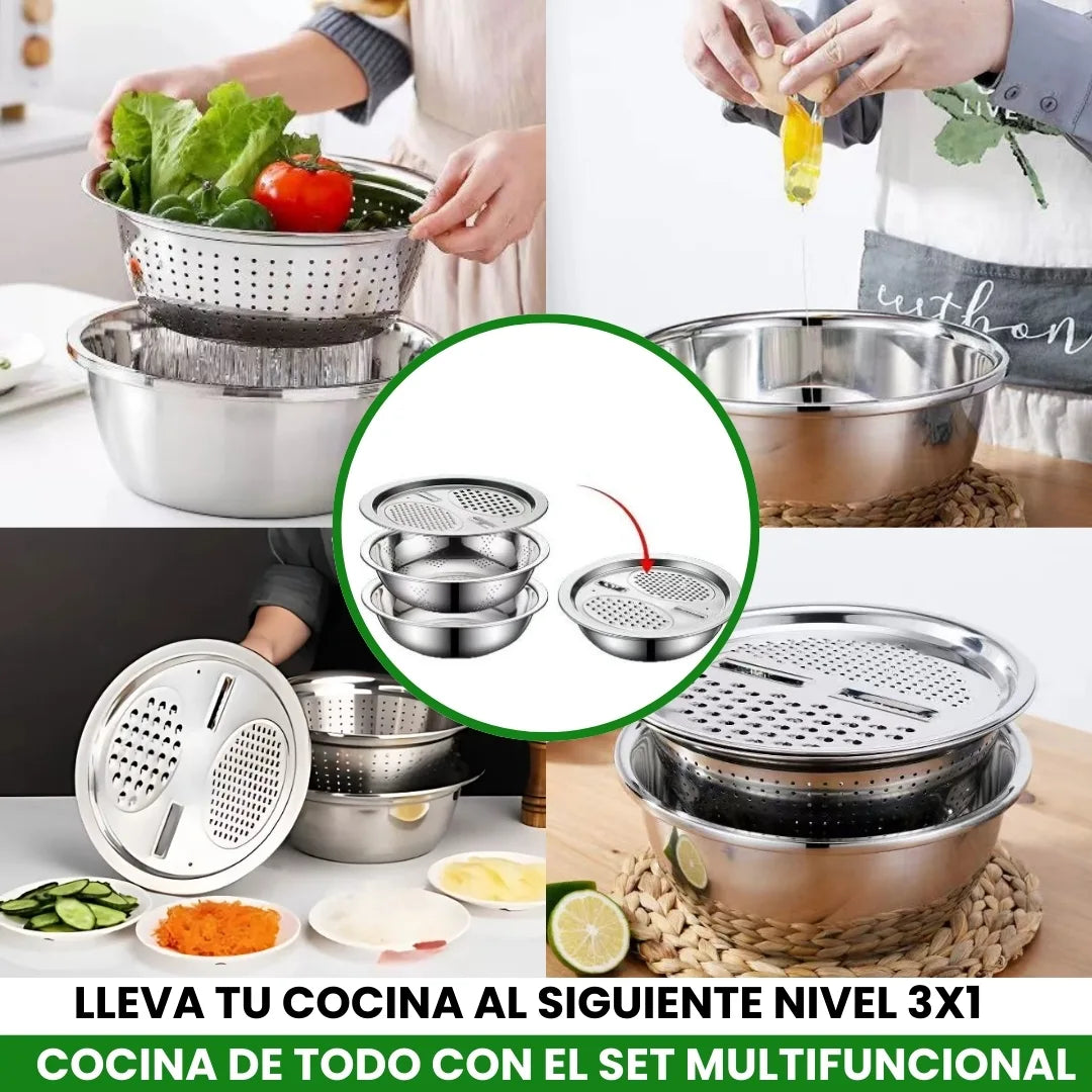 MASTER 3X1® Set de Bowls Multifunción: Ralla, Lava y Cocina Fácil