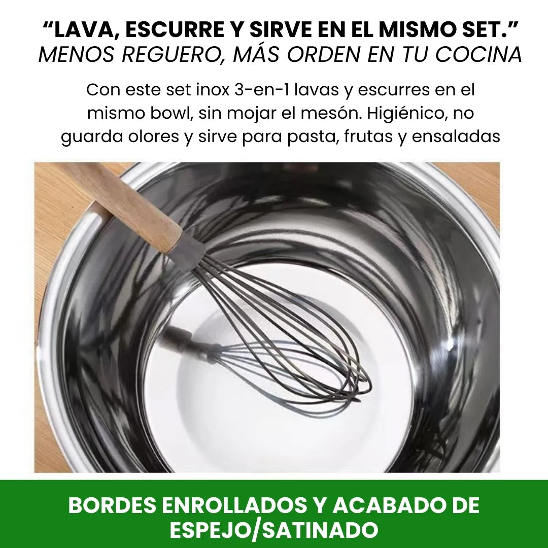 MASTER 3X1® Set de Bowls Multifunción: Ralla, Lava y Cocina Fácil
