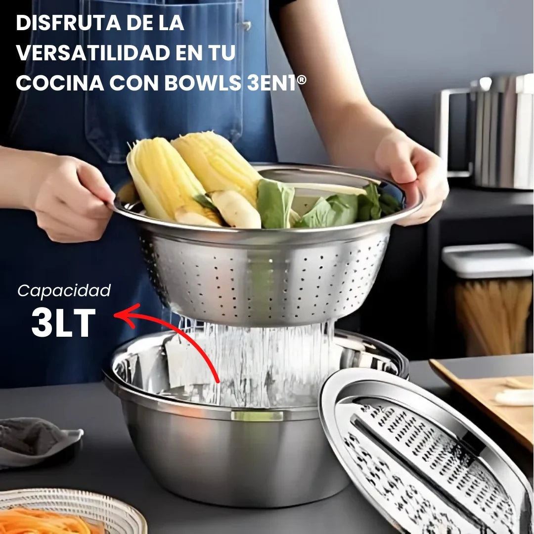 MASTER 3X1® Set de Bowls Multifunción: Ralla, Lava y Cocina Fácil