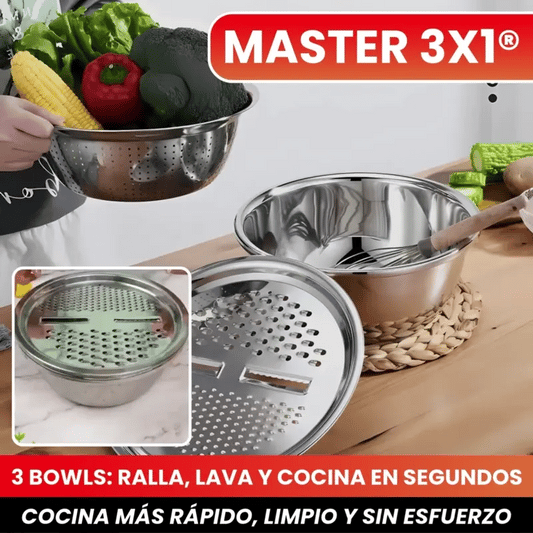 MASTER 3X1® Set de Bowls Multifunción: Ralla, Lava y Cocina Fácil